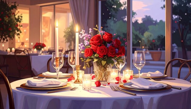 Elegant dining table with floral centerpiece and wine glasses.