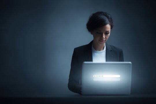 businesswoman entering secure password login interface on laptop cybersecurity concept