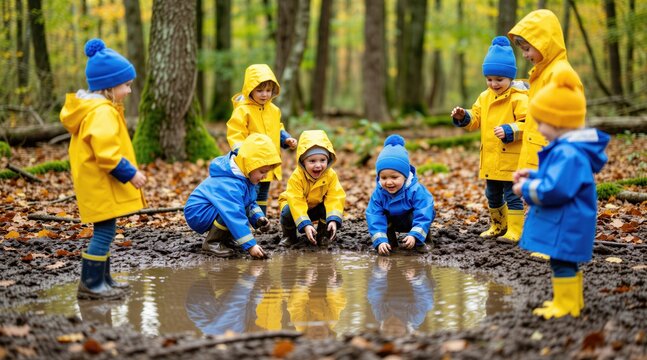 Group of happy toddlers play with mud in forest puddle. Preschool children wear yellow blue raincoats, beanies enjoy outdoor activities in nature park. Curious kids explore swamp dirt together during