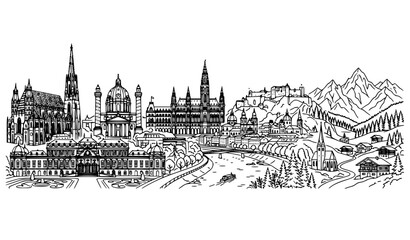 Fototapeta premium Austria Travel Panorama Outline Vector Illustration with City Architecture