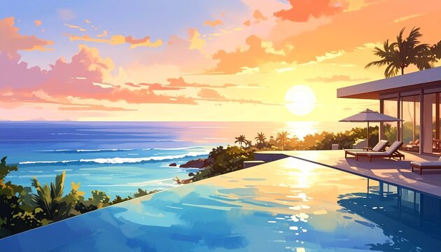 Golden hour over tropical infinity pool with palm trees.