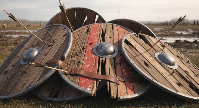 Aftermath of Battle: Ancient wooden shields with arrows stuck in them on a muddy battlefield
