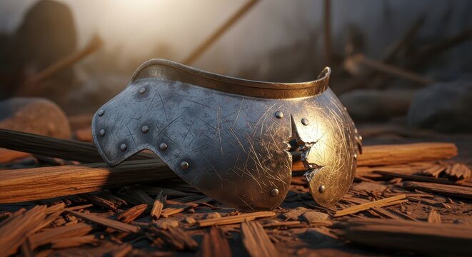 Ancient medieval armor gorget fragment lying on wooden debris, symbolizing battle aftermath and historical relics