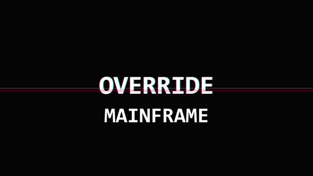Override mainframe glitch text animation: cyberpunk digital security concept 4k