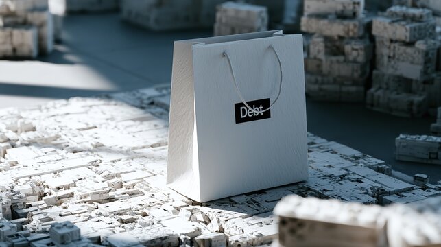 White shopping bag with the word Debt printed on it