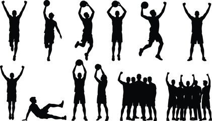Basketball Player Silhouette Collection with Jumping Shooting Dribbling and Team Celebration Poses © MdSaibar