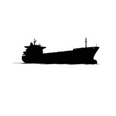 Fototapeta premium Large cargo ship sailing on calm sea in silhouette against clear sky at dusk