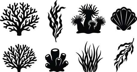 Collection of coral reef and sea plant silhouette vector icons for underwater designs. © Boby