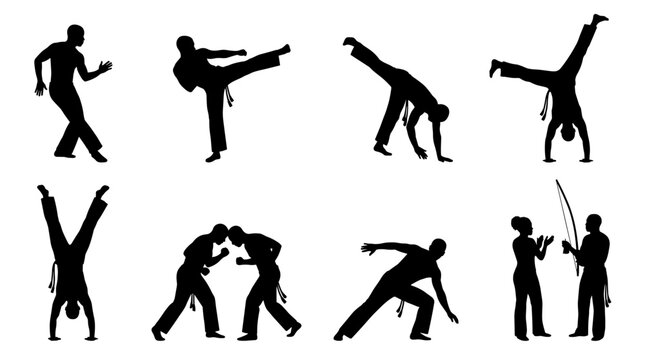 Set of martial arts silhouettes, capoeira acrobatics and combat poses, dynamic poses, vector collection