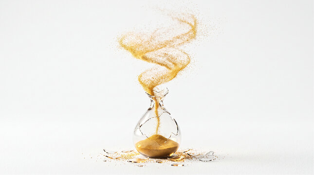 Shattered hourglass with flowing sand. Conceptual time passing and deadline urgency.