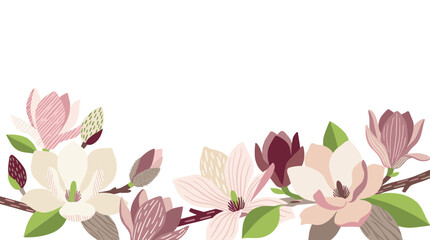 Fototapeta premium Delicate magnolia flowers border in pastel shades of cream, pink, and burgundy, with green leaves on a white background, spring bloom, romantic decor