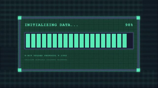 Retro 8-bit Style Data Initializing Loading Progress Bar with Binary Code and Digital Grid Background