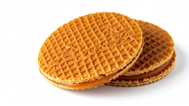 Traditional dutch stroopwafels with caramel syrup on white background
