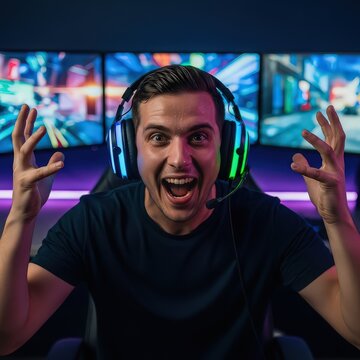 Young man celebrating victory in video game with VR headset and neon gaming setup