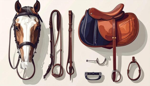 Traditional leather saddles and riding equipment set.