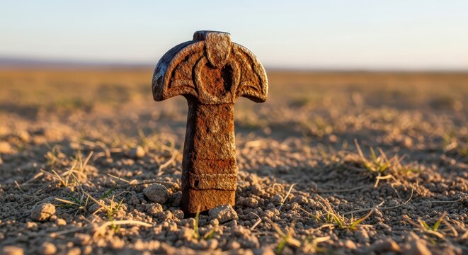 Ancient Celtic cross artifact standing in arid earth with golden hour sunlight on blurred background