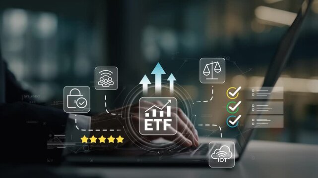 Businessman in modern office using regulated ETF investment platform with animated fund icon, compliance monitoring, portfolio analytics, secure investing and financial growth