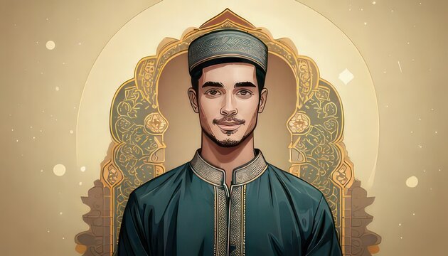 Young man in traditional attire standing in front of archway.