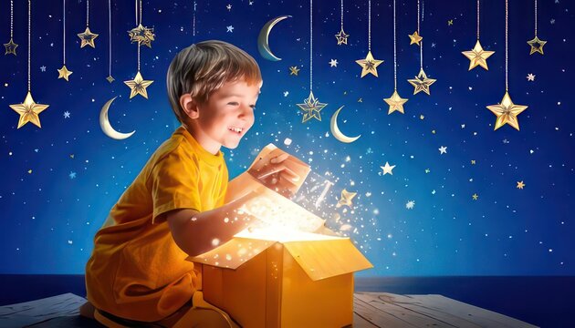 Child opens box with magic stars.
