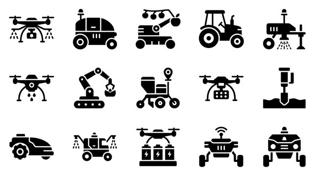 Autonomous Agricultural Robots Drones Smart Tractor Harvesting and Spraying Vector Icons