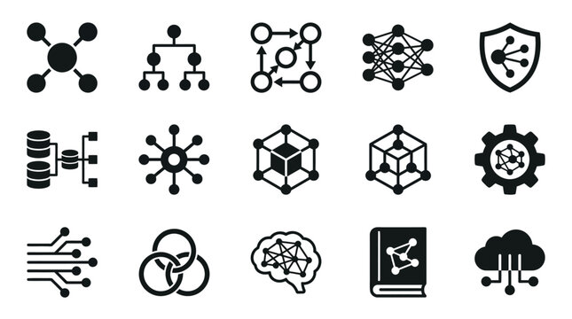 Industrial Black and White Network Topology and Data Structure Icons Collection for Digital Presentations
