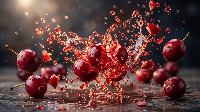 Ripe red cherries with splashing fruit juice motion nutrition refreshing