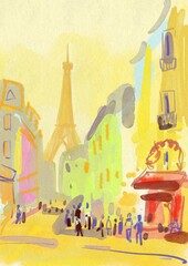 Hand drawn digital illustration. Evening street Paris France / Abstract landscape.  © Olesia La