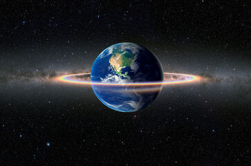 Fototapeta premium Day and Night concept - Rainbow surrounds the Planet Earth with Milky Way galaxy in the background 