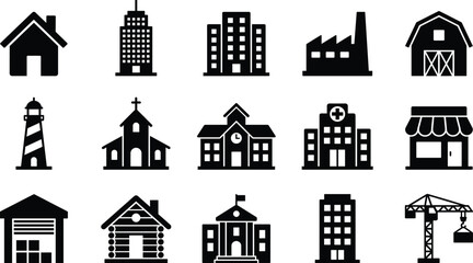Obraz premium Building Icons Set Collection with House School Hospital Factory Store and Urban Architecture
