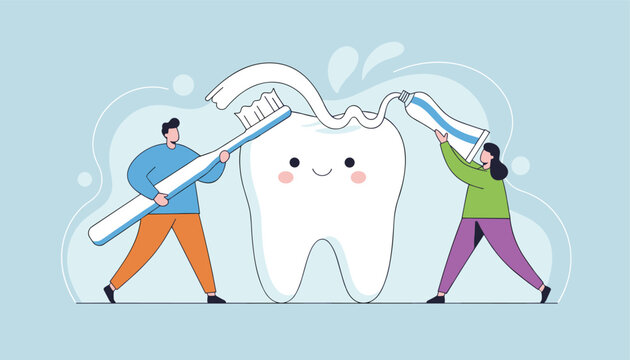 Cute cartoon tooth receiving care from tiny people holding giant toothbrush and tube of toothpaste for dental hygiene.