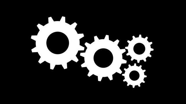 Gear settings rotating animation loop on black background,