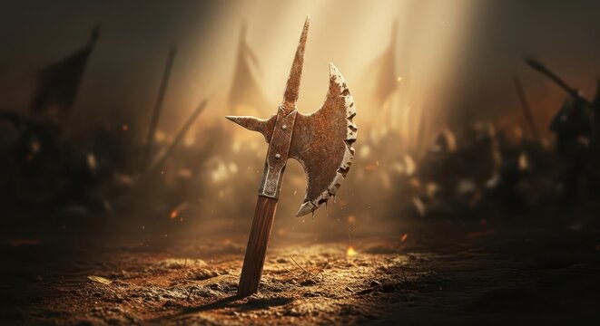 Ancient battle axe stuck in the ground, with blurry army and flags in background, dramatic lighting, medieval combat
