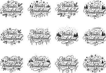 Set of twelve hand drawn winter wonderland lettering designs for holiday cards and decorative seasonal festive graphic projects © Visual Assets
