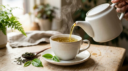 Fototapeta premium Pouring hot green tea into a cup from a teapot, steaming beverage, healthy lifestyle