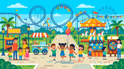 Fototapeta premium Flat vector illustration of happy kids and families enjoying a day at a colorful amusement park with roller coaster and rides