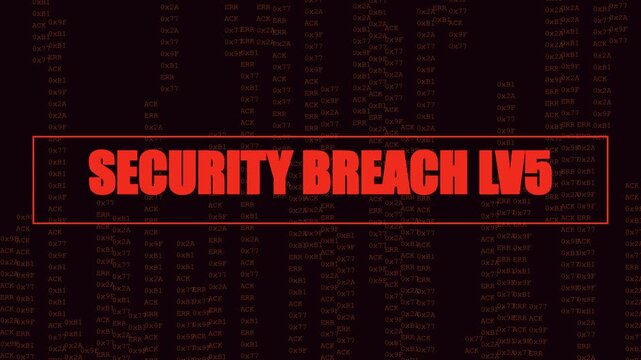 Security breach level 5 alert with digital data code background, cyber attack warning sign, network hacking concept, red emergency animation 4k