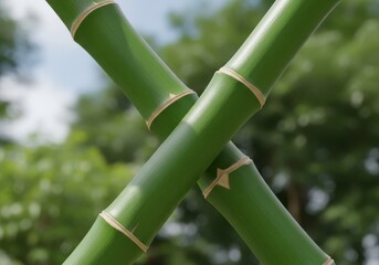 Fototapeta premium Two thick, vibrant green bamboo stalks crossed diagonally against a softly blurred natural outdoor background