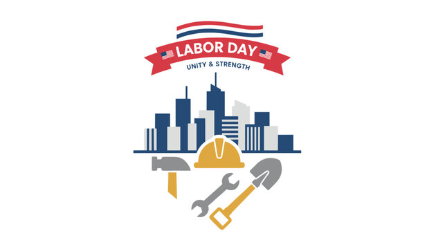 Labor Day illustration featuring a city skyline silhouette with construction tools like a hard hat, wrench, hammer, and shovel below.