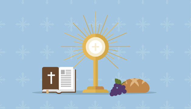 Sacred Catholic symbols depicting a golden monstrance with a holy host next to an open Bible, a loaf of bread, and a bunch of blue grapes.