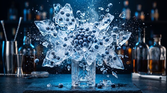 Exploding ice cubes with fresh blueberries, frozen fruit splash in a cocktail glass, dramatic blue bar lighting with shattered ice shards