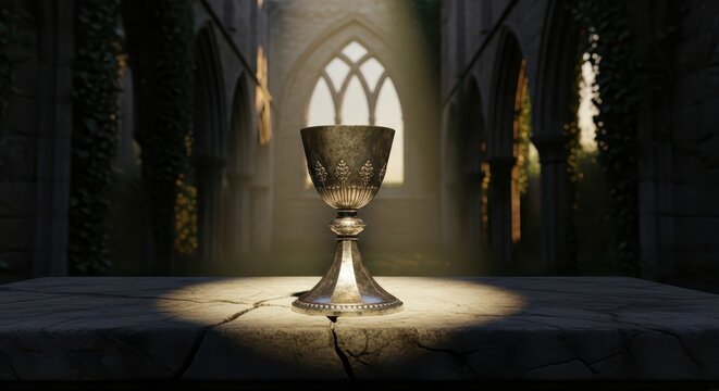 Ancient ornate goblet standing on stone altar inside ruined gothic cathedral with sun rays