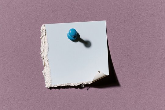 Blank torn paper note pinned to a textured purple wall with a blue push pin, featuring a curled corner and soft shadow for an official announcement mockup