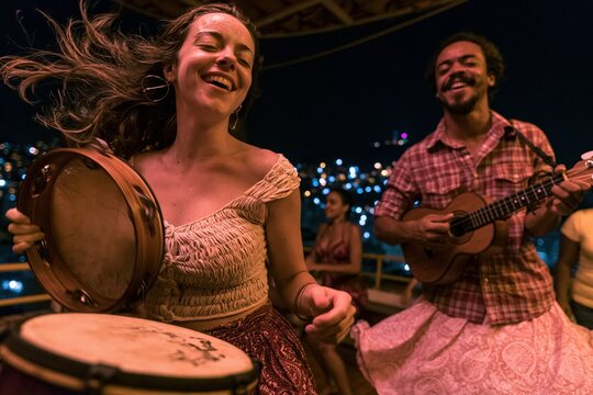Smiling woman playing a pandeiro drum with friends on a rooftop at night, featuring a man with a cavaquinho guitar for music and celebration