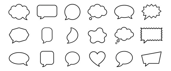Fototapeta premium Linear chat bubble collection with comic balloons thought clouds and message icons. Linear speech bubbles vector set 