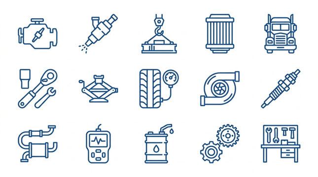 Collection of Industrial and Automotive Line Art Icons.