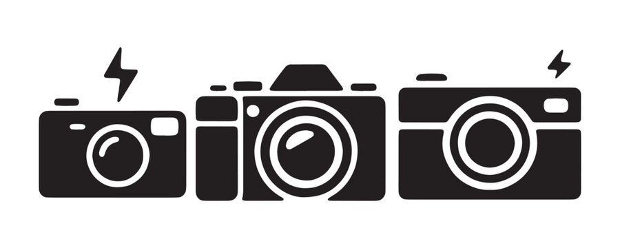 Row of three camera silhouettes featuring lightning flash bolt symbols for professional photo shoot.