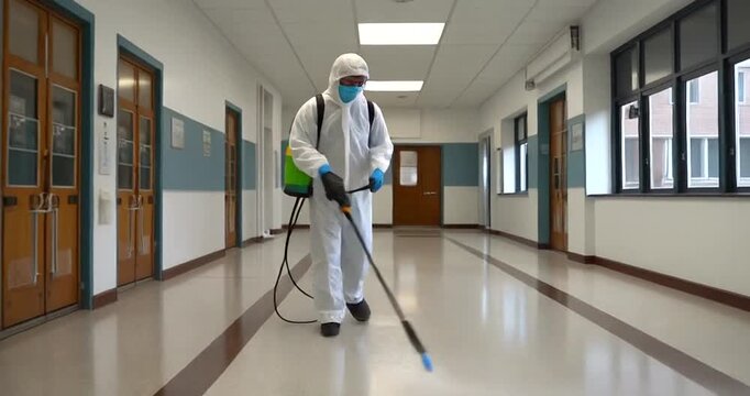 Professional worker in full protective suit sanitizing school hallway floors with sprayer equipment.