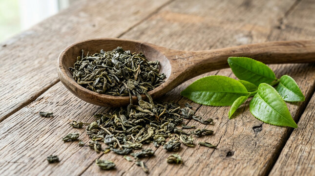 Dried green tea leaves in wooden spoon with fresh leaves on rustic table