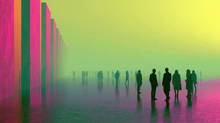 Obraz premium Glowing pink monoliths tower over silhouettes of people on a reflective plain for future technology and innovation storytelling imagery