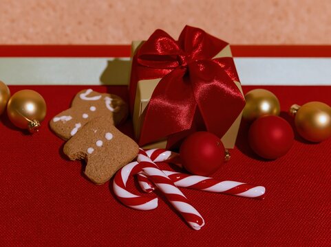 Red ribbon wrapped gift box with gingerbread cookies and candy canes on a vibrant textured surface for festive holiday greetings and copy space